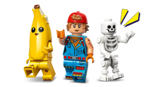 Load image into Gallery viewer, LEGO Fortnite Peely and Sparkplug set 77075 featuring three character figures: Peely, Sparkplug and a skeleton
