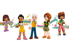 Load image into Gallery viewer, LEGO Friends Organic Grocery Store set minifigures with diverse characters in colourful outfits against black background
