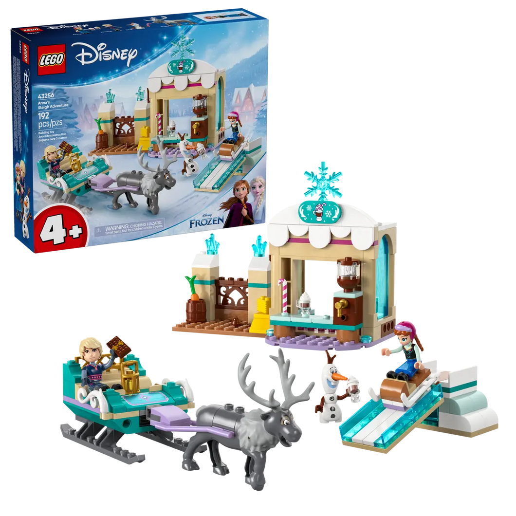 LEGO Frozen Anna's Sleigh set by Brick Shack featuring Anna, Kristoff, Olaf and Sven with sleigh and winter play scene