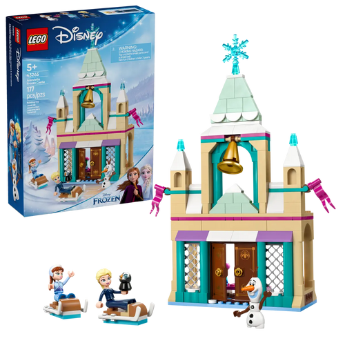 LEGO Frozen Arendelle Castle set 43265 featuring characters Anna, Elsa, and Olaf with detailed building pieces