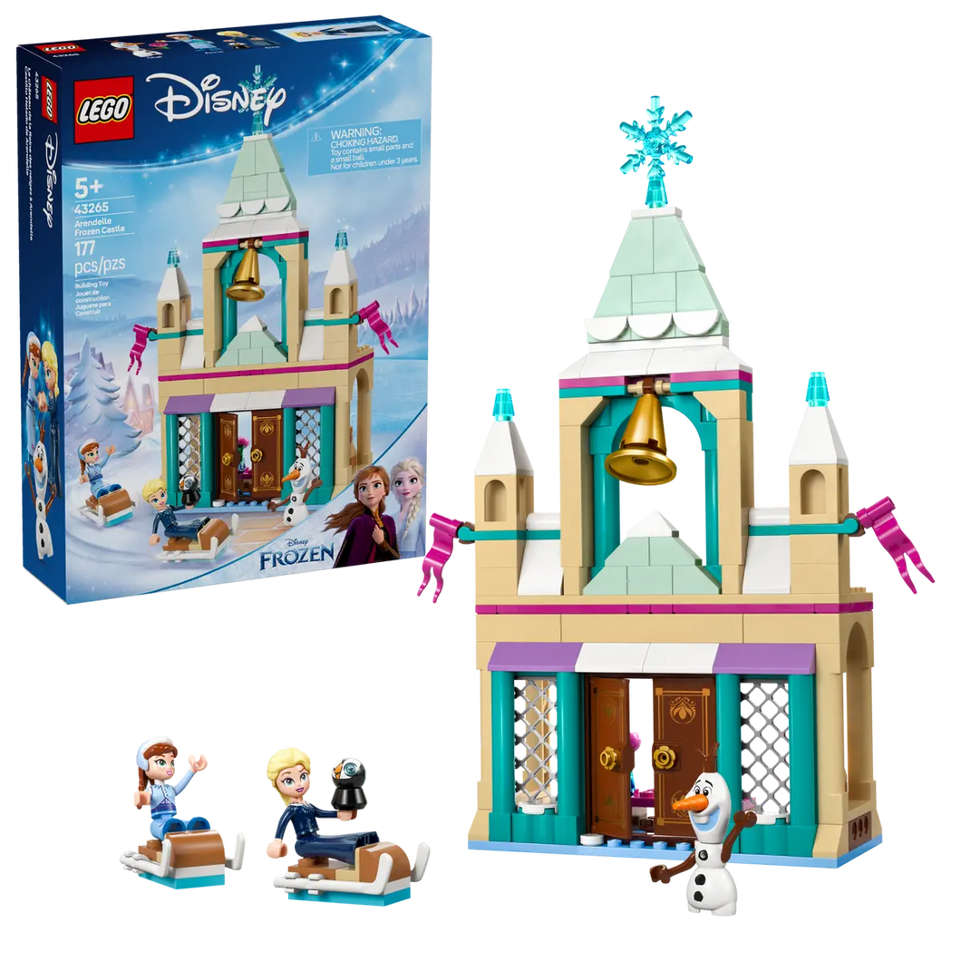 LEGO Frozen Arendelle Castle set 43265 featuring characters Anna, Elsa, and Olaf with detailed building pieces