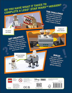 Galaxy Mission LEGO hardback book back cover featuring Star Wars LEGO challenges and creative building ideas