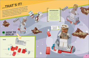 Galaxy Mission LEGO hardback book open to page showing hoverboards and how to build them with LEGO instructions