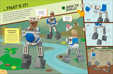Load image into Gallery viewer, Galaxy Mission LEGO hardback showing how to build mechanical exosuits with minifigures and step-by-step instructions
