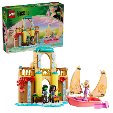 LEGO Boxed Set featuring LEGO Glinda Elphaba Nessarose characters with castle and sailboat pieces
