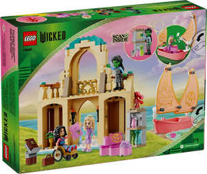 LEGO boxed set featuring LEGO Glinda Elphaba Nessarose characters with castle and boat playset
