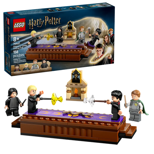 LEGO Harry Potter Dueling Club set with four minifigures casting spells on a purple platform by Brick Shack