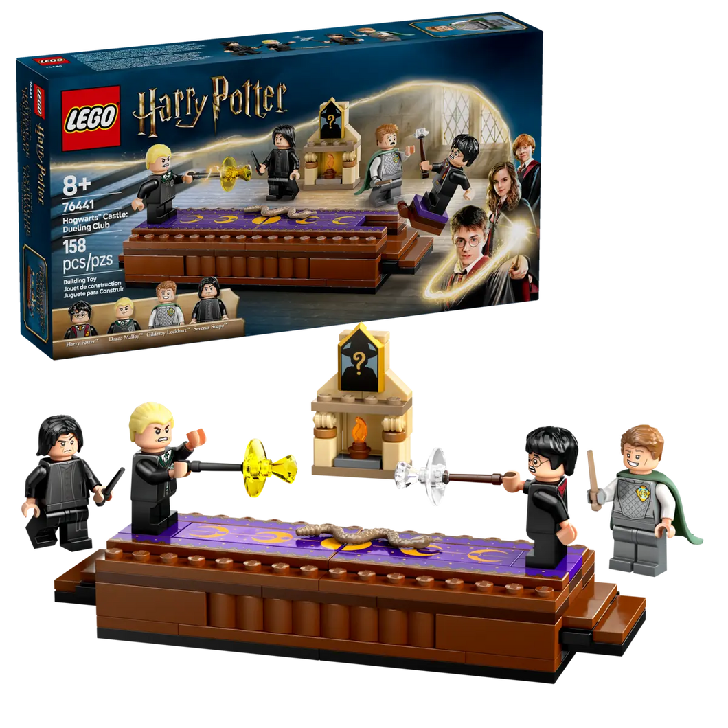 LEGO Harry Potter Dueling Club set with four minifigures casting spells on a purple platform by Brick Shack
