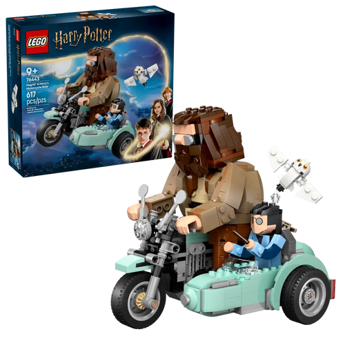 LEGO Harry Potter Hagrid set featuring Hagrid and Harry riding a motorcycle with sidecar and Hedwig the owl