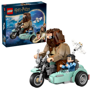 LEGO Harry Potter Hagrid set featuring Hagrid and Harry riding a motorcycle with sidecar and Hedwig the owl