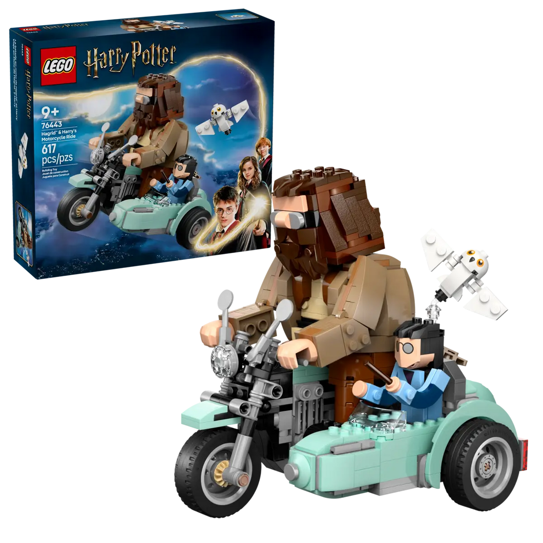 LEGO Harry Potter Hagrid set featuring Hagrid and Harry riding a motorcycle with sidecar and Hedwig the owl