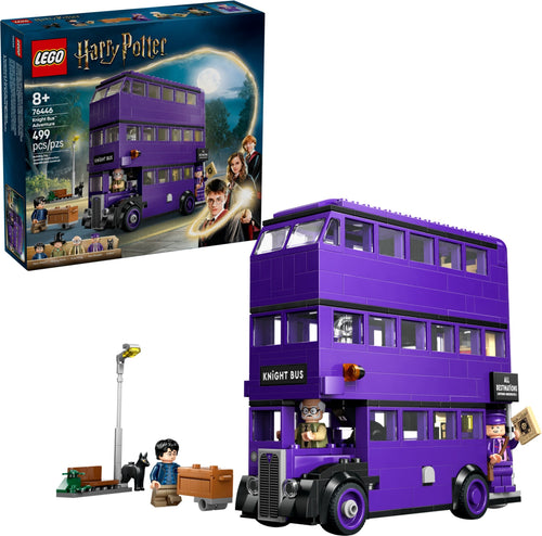 LEGO Harry Potter Knight Bus set with buildable purple triple-decker bus and Harry Potter minifigure