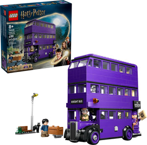 LEGO Harry Potter Knight Bus set with buildable purple triple-decker bus and Harry Potter minifigure