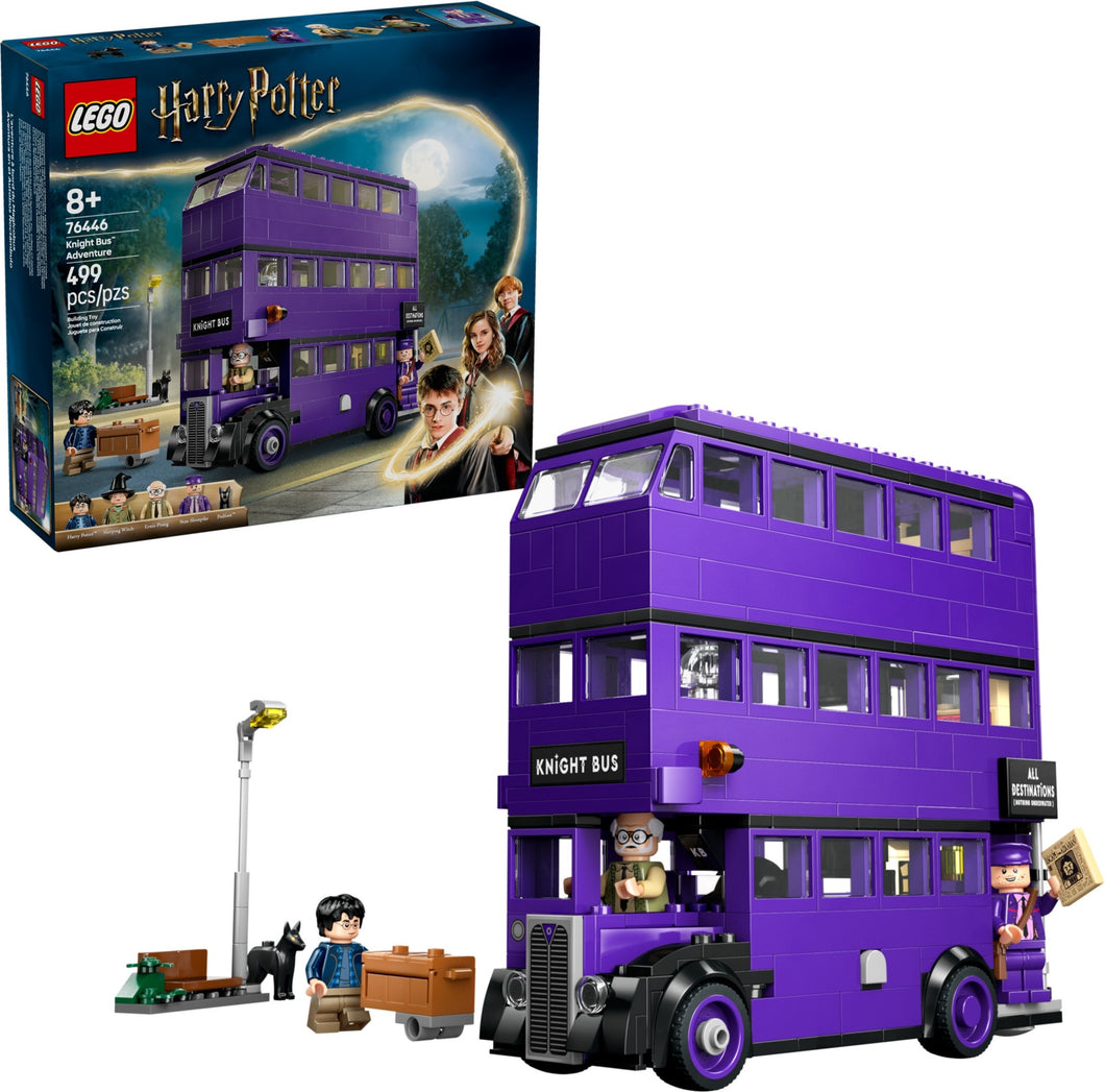LEGO Harry Potter Knight Bus set with buildable purple triple-decker bus and Harry Potter minifigure