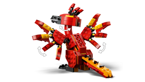 LEGO Boxed Set featuring a vibrant red dragon model with movable wings and tail for creative building