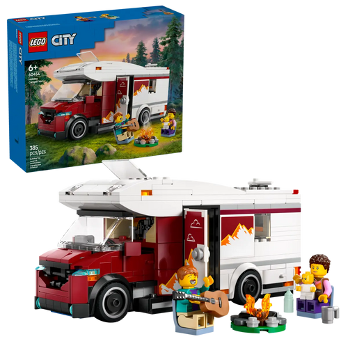 LEGO holiday camper van boxed set by Brick Shack featuring red and white camper with mini figures and campfire