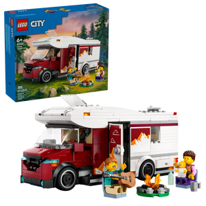 LEGO holiday camper van boxed set by Brick Shack featuring red and white camper with mini figures and campfire