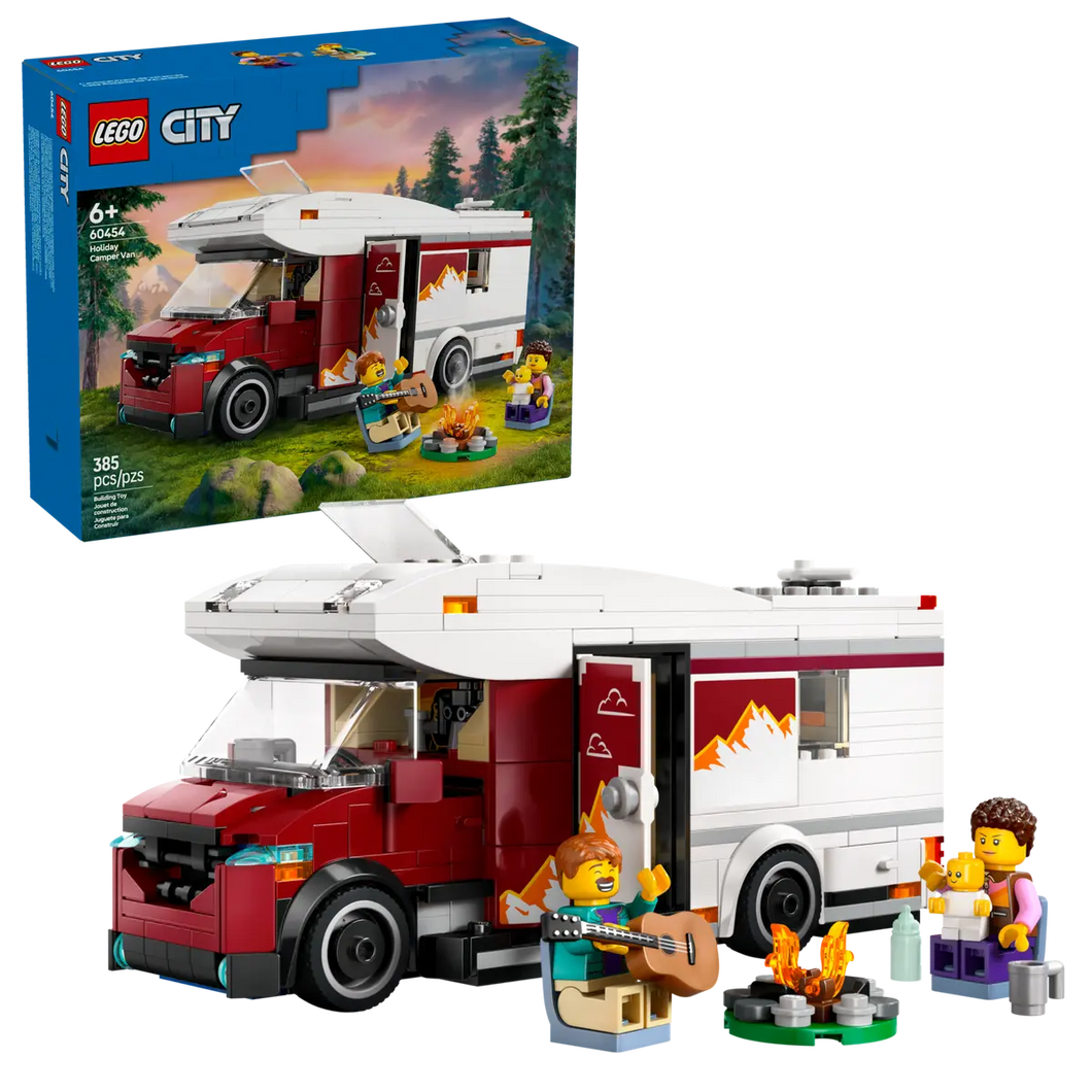 LEGO holiday camper van boxed set by Brick Shack featuring red and white camper with mini figures and campfire