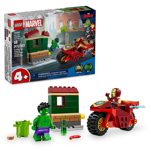 LEGO Iron Man and Hulk set featuring Iron Man minifigure, Hulk and motorcycle for young builders