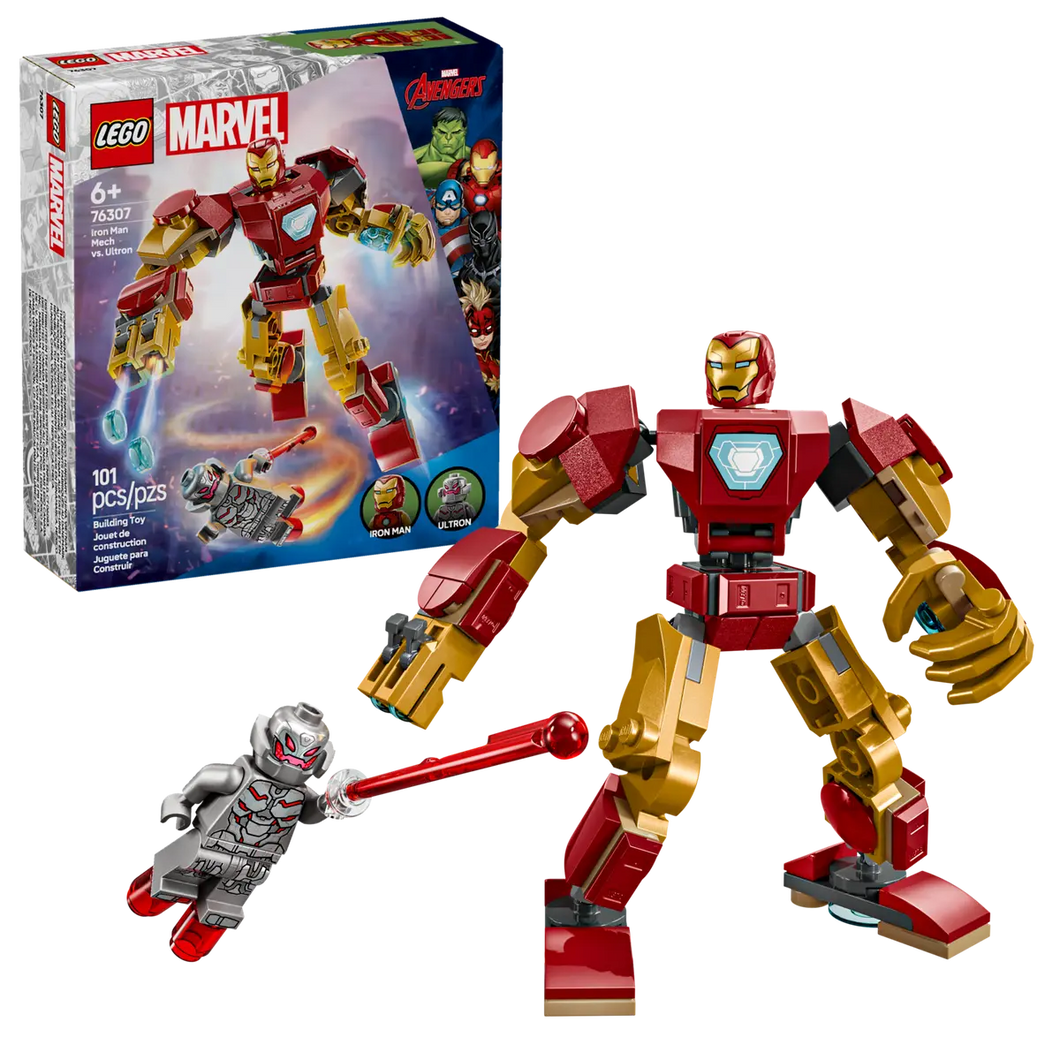 LEGO Iron Man Mech set with Iron Man and Ultron minifigures and 101 pieces in boxed set