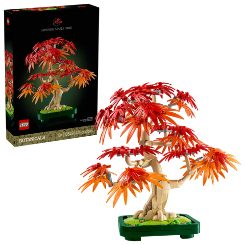 LEGO Japanese Maple Tree set 10348 with vibrant red and orange leaves in a detailed display