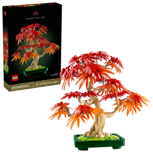 LEGO Japanese Maple Tree set 10348 with vibrant red and orange leaves in a detailed display