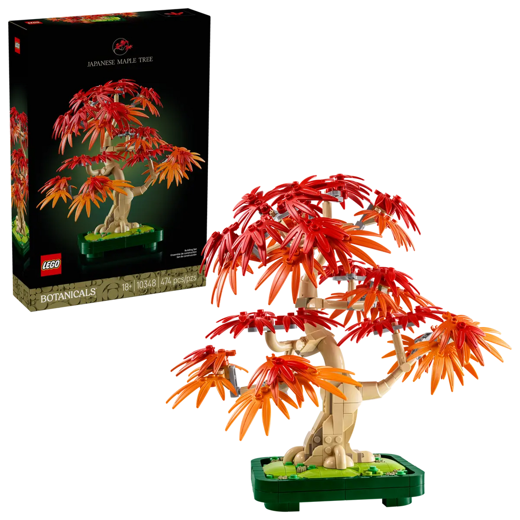 LEGO Japanese Maple Tree set 10348 with vibrant red and orange leaves in a detailed display