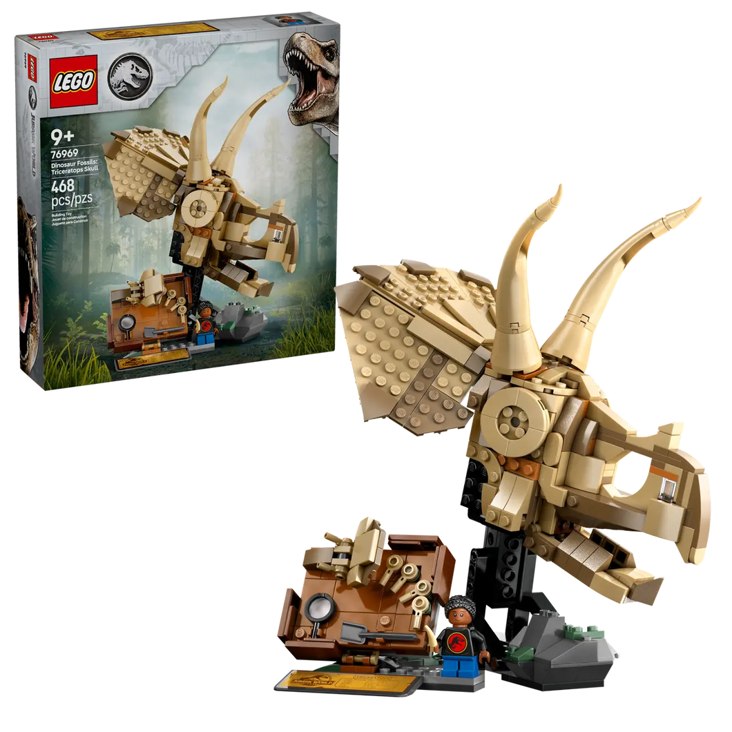 LEGO Jurassic World Triceratops Skull set with detailed build and minifigure from Brick Shack