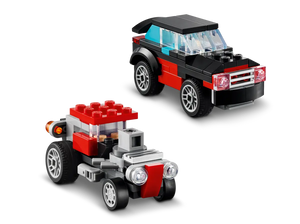 Brick Shack LEGO Boxed Set showing LEGO Creator 3-in-1 flatbed truck and helicopter models in red and black
