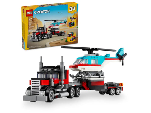 Brick Shack LEGO Creator 3-in-1 flatbed truck and helicopter boxed set showing truck towing helicopter model