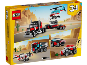 Brick Shack LEGO Creator 3-in-1 flatbed truck and helicopter. Boxed set showing truck trailer helicopter and alternate builds