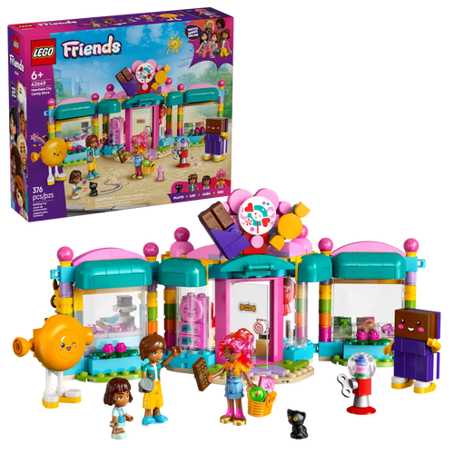 Brick Shack boxed LEGO Friends Heartlake City Candy Store set showing colourful assembled shop with minidolls and accessories