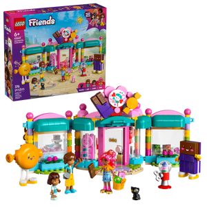 Brick Shack boxed LEGO Friends Heartlake City Candy Store set showing colourful assembled shop with minidolls and accessories