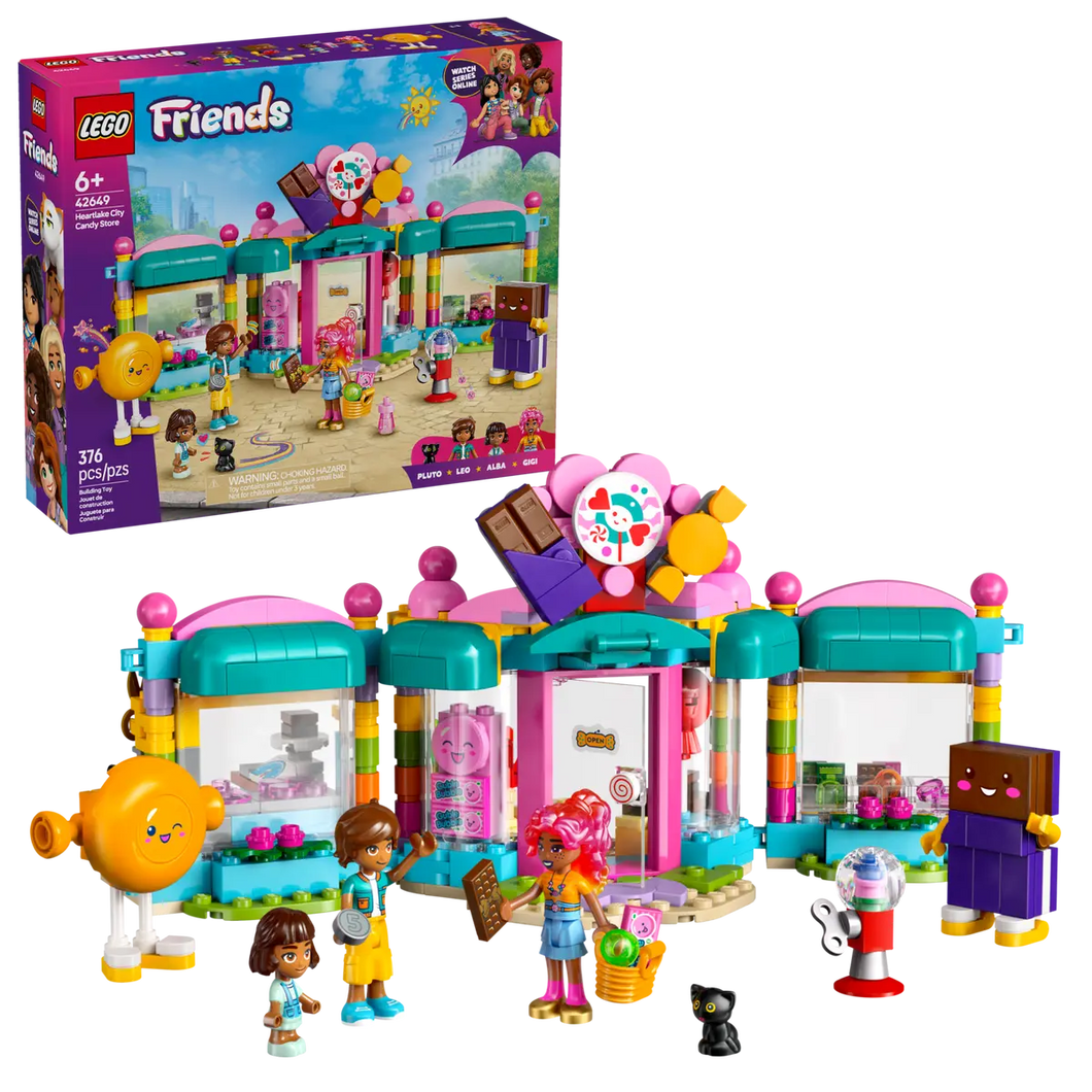 Brick Shack boxed LEGO Friends Heartlake City Candy Store set showing colourful assembled shop with minidolls and accessories