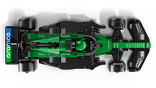 Load image into Gallery viewer, Top down view of green LEGO Speed Champions Aston Martin Formula 1 model car on black background Brick Shack boxed set
