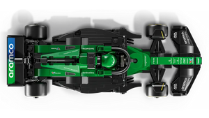 Top down view of green LEGO Speed Champions Aston Martin Formula 1 model car on black background Brick Shack boxed set