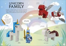 Load image into Gallery viewer, LEGO magical ideas book page showing colourful unicorn family builds with instructions and special bricks
