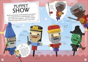 LEGO magical ideas book page showing colourful LEGO puppet characters including wizard princess king and witch for creative play