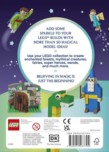 LEGO magical ideas book back cover showing fantasy LEGO builds including wizard, dragon, and fairy models