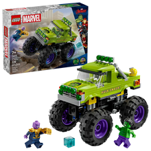 Load image into Gallery viewer, LEGO Marvel Hulk Truck set boxed by Brick Shack featuring green monster truck with large wheels and two minifigures
