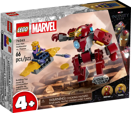LEGO Marvel Hulkbuster vs Thanos set 76263 featuring Iron Man and Thanos mini figures with 66 pieces