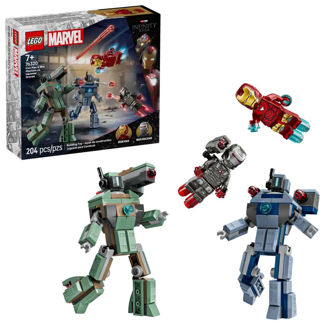 LEGO Marvel Iron Man vs War Machine set 76320 with two mechs and figures in a dynamic pose