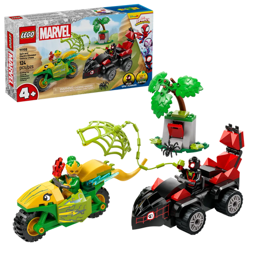 LEGO Marvel Spin and Electro set featuring Spin Spider and Electro vehicles with 124 pieces
