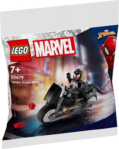 Venom Street Bike LEGO polybag featuring Venom minifigure on a black motorcycle from Marvel Spider-Man series