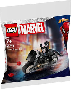 Venom Street Bike LEGO polybag featuring Venom minifigure on a black motorcycle from Marvel Spider-Man series