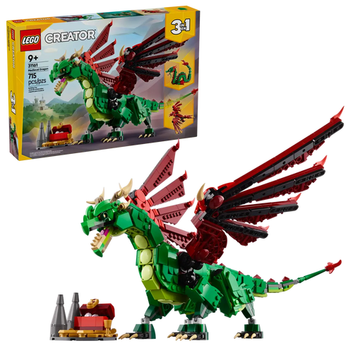 LEGO medieval dragon set Creator 3in1 boxed set featuring green and red buildable dragon with accessories