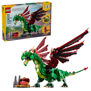LEGO medieval dragon set Creator 3in1 boxed set featuring green and red buildable dragon with accessories
