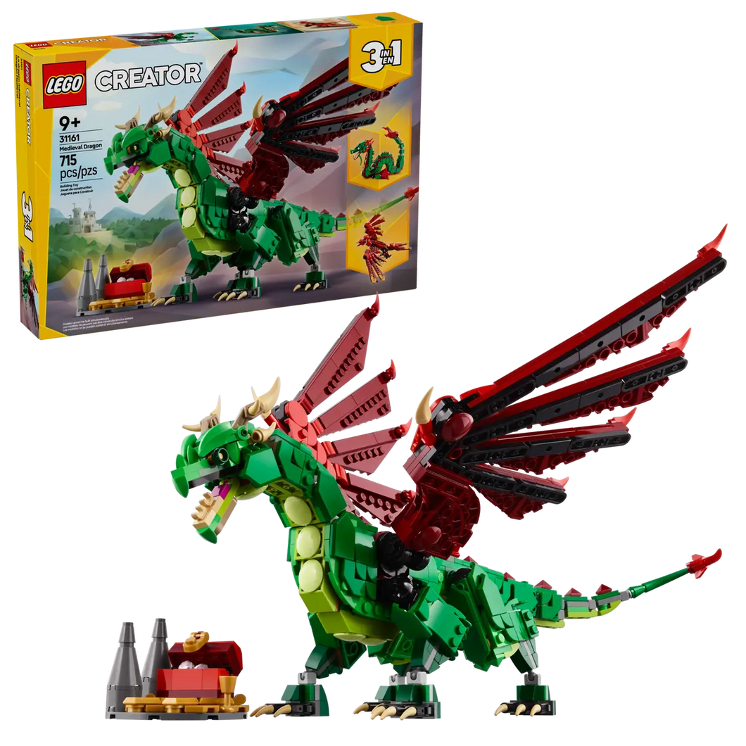 LEGO medieval dragon set Creator 3in1 boxed set featuring green and red buildable dragon with accessories