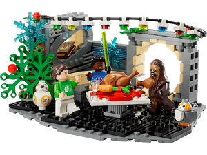 LEGO Millennium Falcon Holiday Diorama with Star Wars characters enjoying a festive meal with holiday decorations