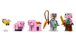 LEGO Minecraft Baby Pig House set featuring pig figures, a bee, and two mini characters with accessories